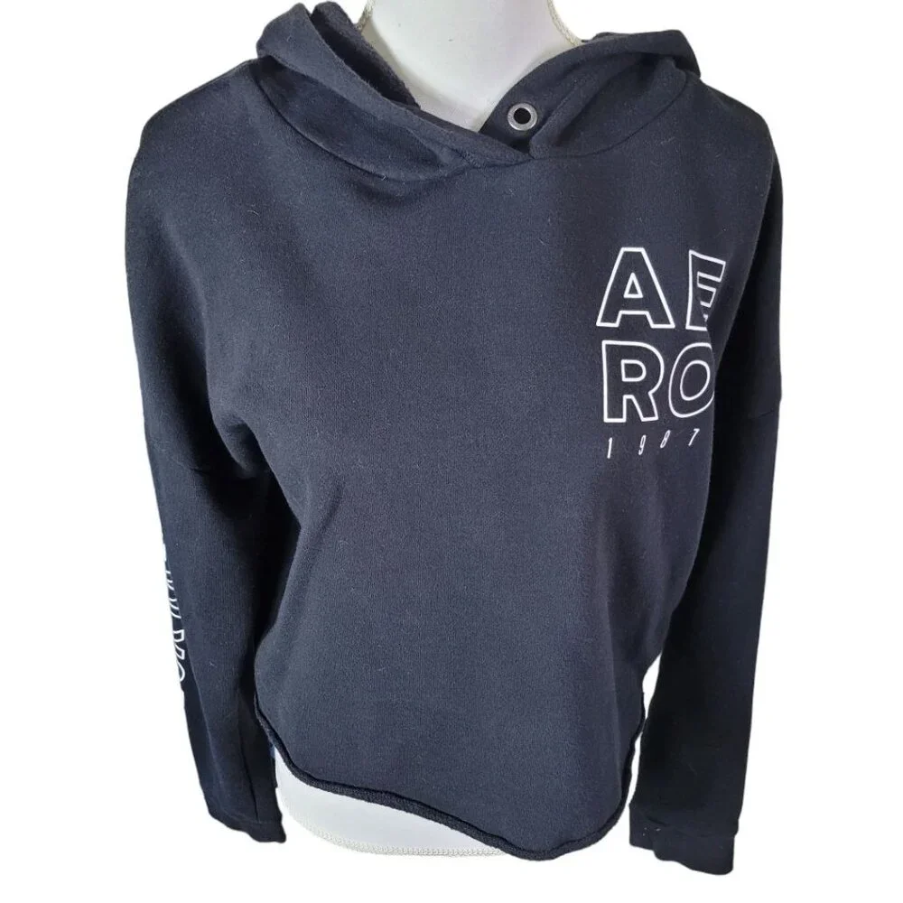 Aeropostale Sweatshirt Cropped‎ Raw Edge Hem Black Hoodie Womens Medium